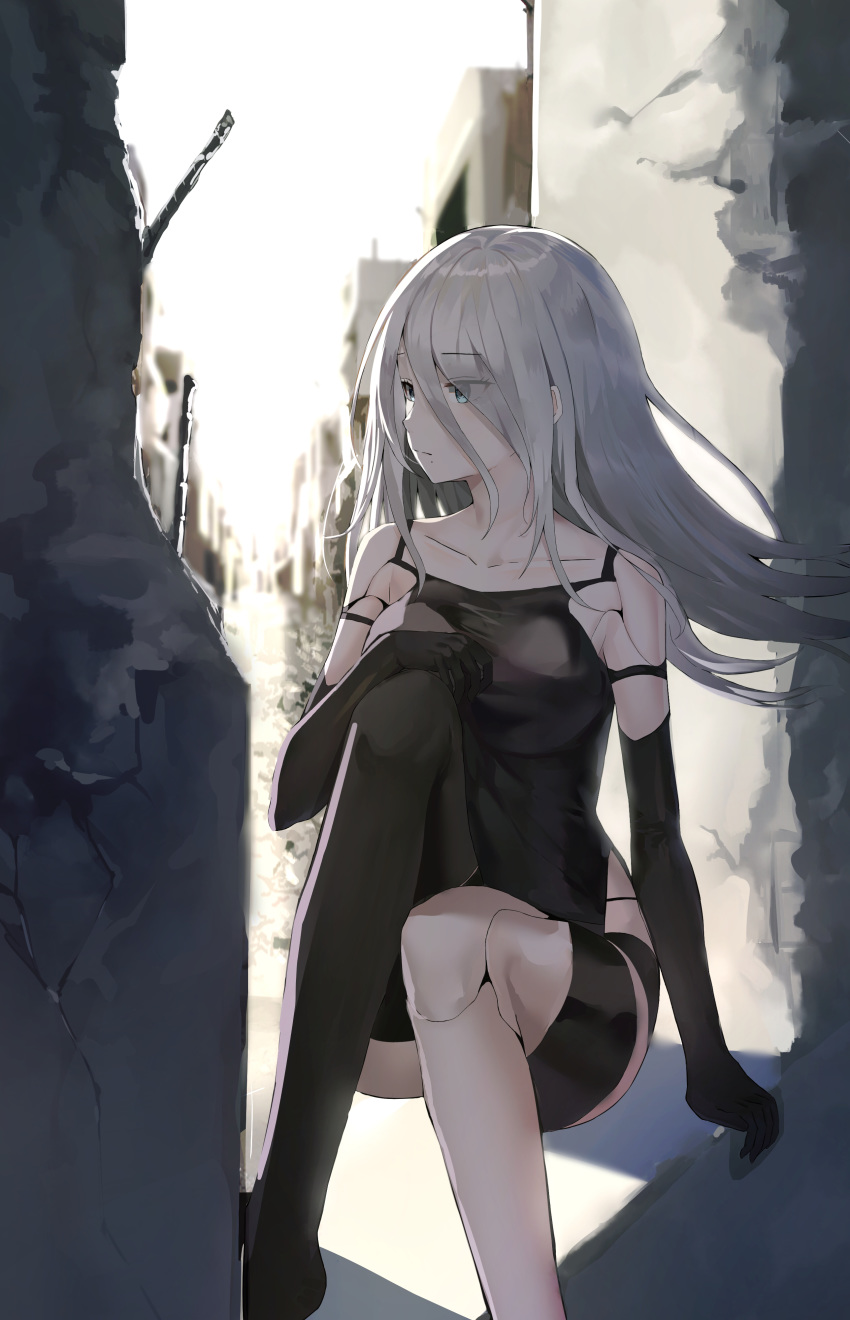 1girl absurdres afe android armlet bare_shoulders black_gloves black_shorts black_tank_top blue_eyes collarbone concrete elbow_gloves gloves hair_between_eyes highres joints long_hair nier_(series) nier_automata robot_joints shorts silver_hair sitting tank_top yorha_type_a_no._2