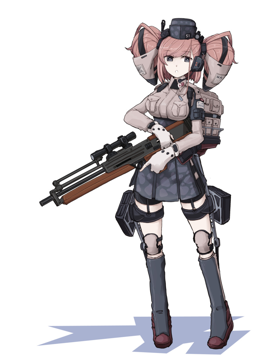 1girl adapted_costume anchor_hair_ornament atlanta_(kantai_collection) backpack bag black_footwear black_headwear black_skirt boushi-ya breasts brown_hair brown_shirt camouflage commentary_request dress_shirt earrings full_body garrison_cap garter_straps gloves grey_eyes hair_ornament hat high-waist_skirt highres jewelry kantai_collection large_breasts long_hair long_sleeves looking_at_viewer microphone partly_fingerless_gloves shirt simple_background skirt solo standing star_(symbol) star_earrings suspender_skirt suspenders thigh_strap two_side_up weapon_request white_background white_gloves