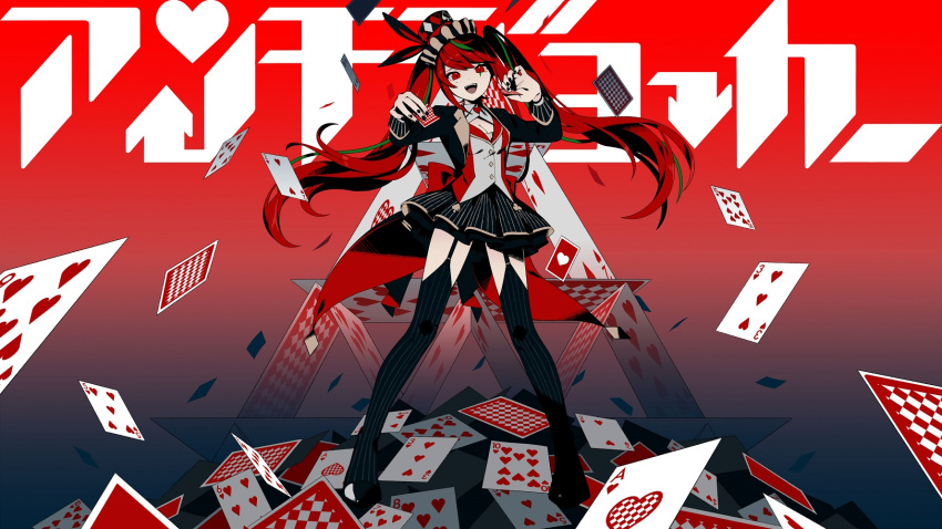 1girl :d ace_of_hearts background_text bangs black_footwear black_jacket black_legwear black_nails black_skirt card commentary_request eyebrows_visible_through_hair full_body garter_straps green_hair grey_shirt hands_up hat hatsune_miku heart highres holding holding_card jacket long_hair long_sleeves looking_at_viewer multicolored_hair nail_polish nou open_clothes open_jacket open_mouth playing_card pleated_skirt red_eyes redhead scar scar_across_eye shirt shoes sidelocks skirt smile solo standing streaked_hair striped striped_legwear tilted_headwear top_hat translation_request twintails vertical-striped_legwear vertical-striped_skirt vertical_stripes very_long_hair vocaloid