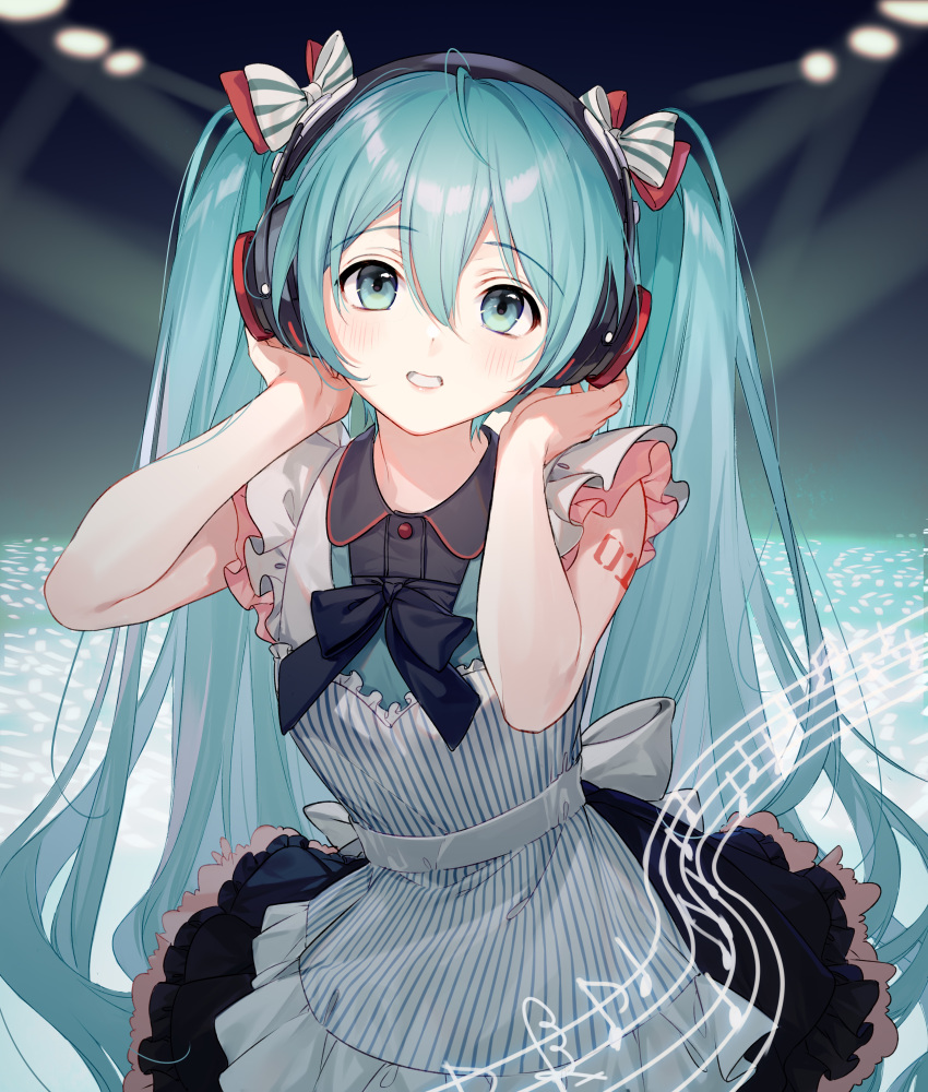 1girl absurdres al_mican alternate_costume apron aqua_hair bangs bare_arms black_bow black_dress blurry blurry_background blush bow commentary_request cowboy_shot dress frilled_dress frills grin hair_bow hands_up hatsune_miku headphones headset highres long_hair looking_at_viewer musical_note number_tattoo red_bow shoulder_tattoo sleeveless smile solo striped striped_apron striped_bow tattoo twintails vertical-striped_apron very_long_hair vocaloid white_apron white_bow