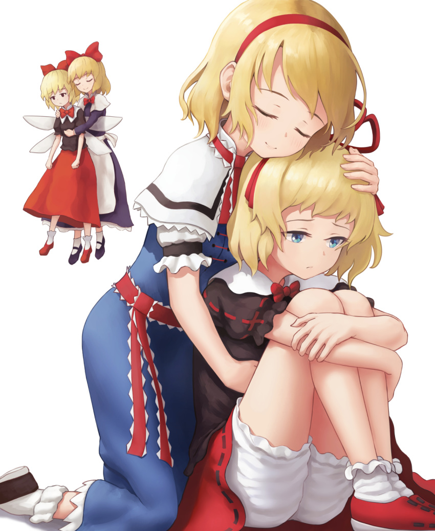 3girls alice_margatroid anidante ankle_socks apron bangs black_footwear black_shirt blonde_hair bloomers blue_dress blue_eyes bow bowtie capelet commentary dress expressionless fairy_wings floating hair_ribbon hairband hand_on_another's_chest hand_on_another's_head head_on_head highres hug hug_from_behind jitome kneeling knees_to_chest leg_hug long_hair long_sleeves looking_to_the_side medicine_melancholy multiple_girls neck_ribbon puffy_short_sleeves puffy_sleeves red_footwear red_neckwear red_skirt ribbon sash shanghai_doll shirt short_hair short_sleeves simple_background sitting skirt smile su-san swept_bangs touhou underwear very_long_hair waist_apron white_background white_capelet white_legwear white_shirt wings