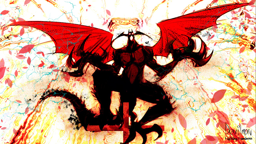 1boy abstract absurdres claws copyright_name cross demon_boy demon_wings devilman devilman_(character) devilman_crybaby electricity fangs fudou_akira glowing glowing_eyes head_wings highres liguangze navel open_mouth petals signature solo tail talons wings