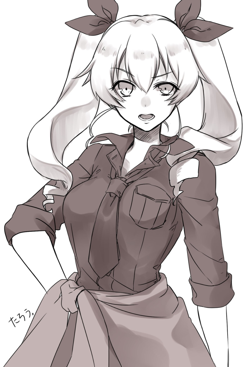 1girl anchovy_(girls_und_panzer) breast_pocket breasts collared_shirt drill_hair eyebrows_visible_through_hair girls_und_panzer greyscale hair_between_eyes hair_ribbon highres komekueyo large_breasts long_hair looking_at_viewer monochrome necktie open_mouth pocket ribbon shirt sleeves_rolled_up solo twin_drills