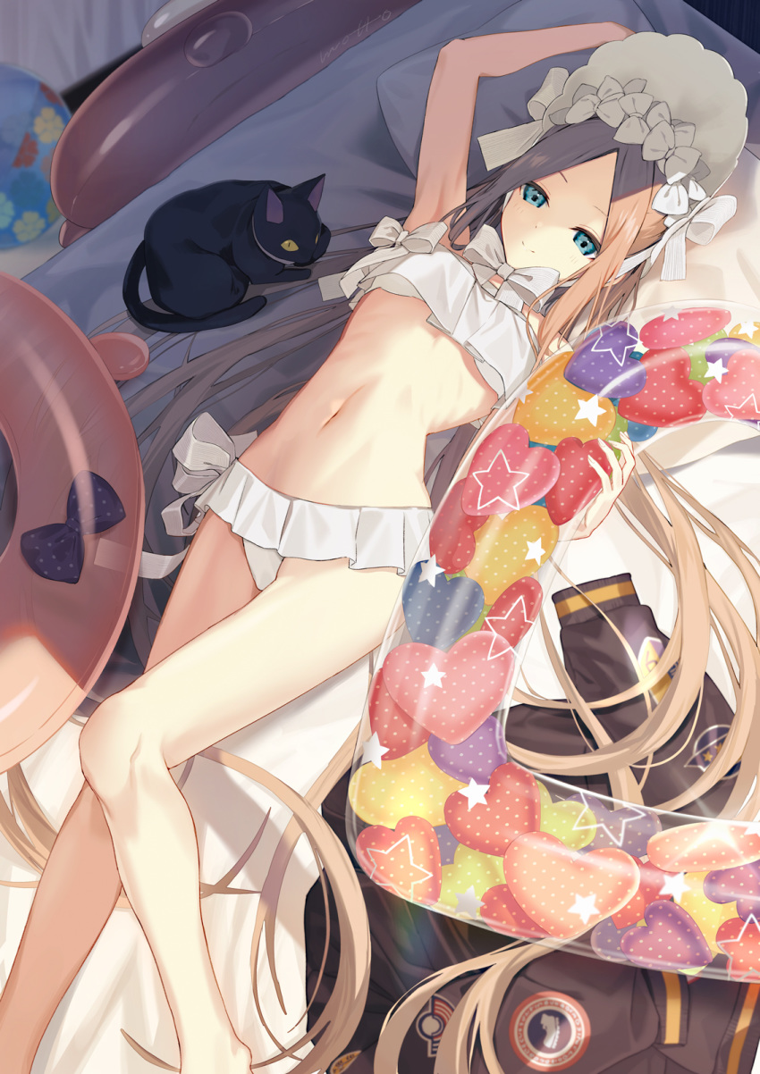 1girl abigail_williams_(fate/grand_order) abigail_williams_(swimsuit_foreigner)_(fate) bangs bare_shoulders bikini black_cat blonde_hair blue_eyes bonnet bow braid breasts cat closed_mouth fate/grand_order fate_(series) forehead hair_bow hair_rings highres legs long_hair looking_at_viewer lying miniskirt mocha_(mokaapolka) navel on_back parted_bangs sidelocks skirt small_breasts smile swimsuit twin_braids twintails very_long_hair white_bikini white_bow white_headwear