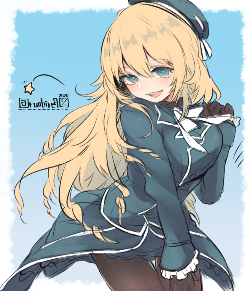 1girl atago_(kantai_collection) beret black_gloves black_legwear blonde_hair blue_background blue_headwear breasts commentary_request cowboy_shot gloves green_eyes hat highres kantai_collection large_breasts long_hair looking_at_viewer military military_uniform pantyhose ruohire9 skirt smile solo thigh_gap twitter_username uniform