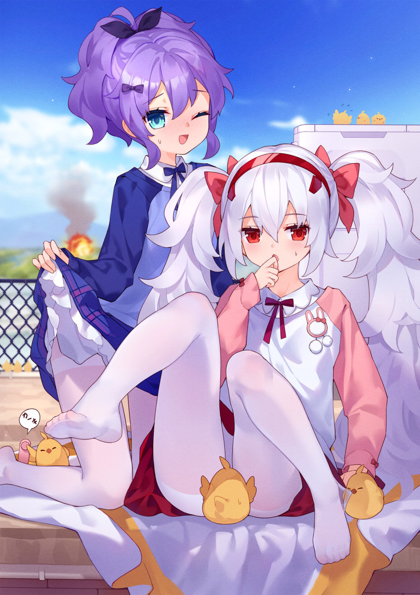 2girls absurdres animal azur_lane bird black_ribbon camisole chick commentary cross_hair_ornament crown explosion feet green_eyes hair_between_eyes hair_ornament hairband high_ponytail highres javelin_(azur_lane) laffey_(azur_lane) manjuu_(azur_lane) mini_crown multiple_girls one_eye_closed pantyhose pleated_skirt purple_hair red_eyes red_hairband red_skirt ribbon skirt skirt_lift thigh-highs tilted_headwear tsubasa_tsubasa twintails white_camisole white_hair white_legwear