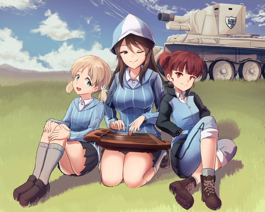 absurdres aki_(girls_und_panzer) blonde_hair blush breasts brown_hair bt-42 closed_mouth eyebrows_visible_through_hair girls_und_panzer grass green_eyes ground_vehicle hat highres huge_filesize keizoku_military_uniform large_breasts mika_(girls_und_panzer) mikko_(girls_und_panzer) military military_uniform military_vehicle miniskirt motor_vehicle nico_jiang one_eye_closed open_mouth outdoors pleated_skirt shiny shiny_hair short_hair sitting skirt sky small_breasts smile tank twintails uniform