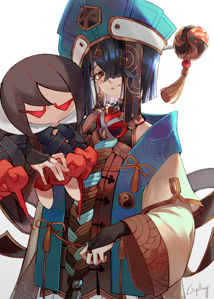 1girl black_gloves black_hair blue_headwear blush breasts chinese_clothes consort_yu_(fate) csyday doll fate/grand_order fate_(series) fingerless_gloves gem gloves hair_between_eyes hair_ornament hair_over_one_eye hair_stick highres holding holding_doll long_sleeves looking_at_viewer medium_hair mole mole_under_eye signature simple_background small_breasts solo straight_hair tassel white_background wide_sleeves xu_fu_(fate) yellow_eyes