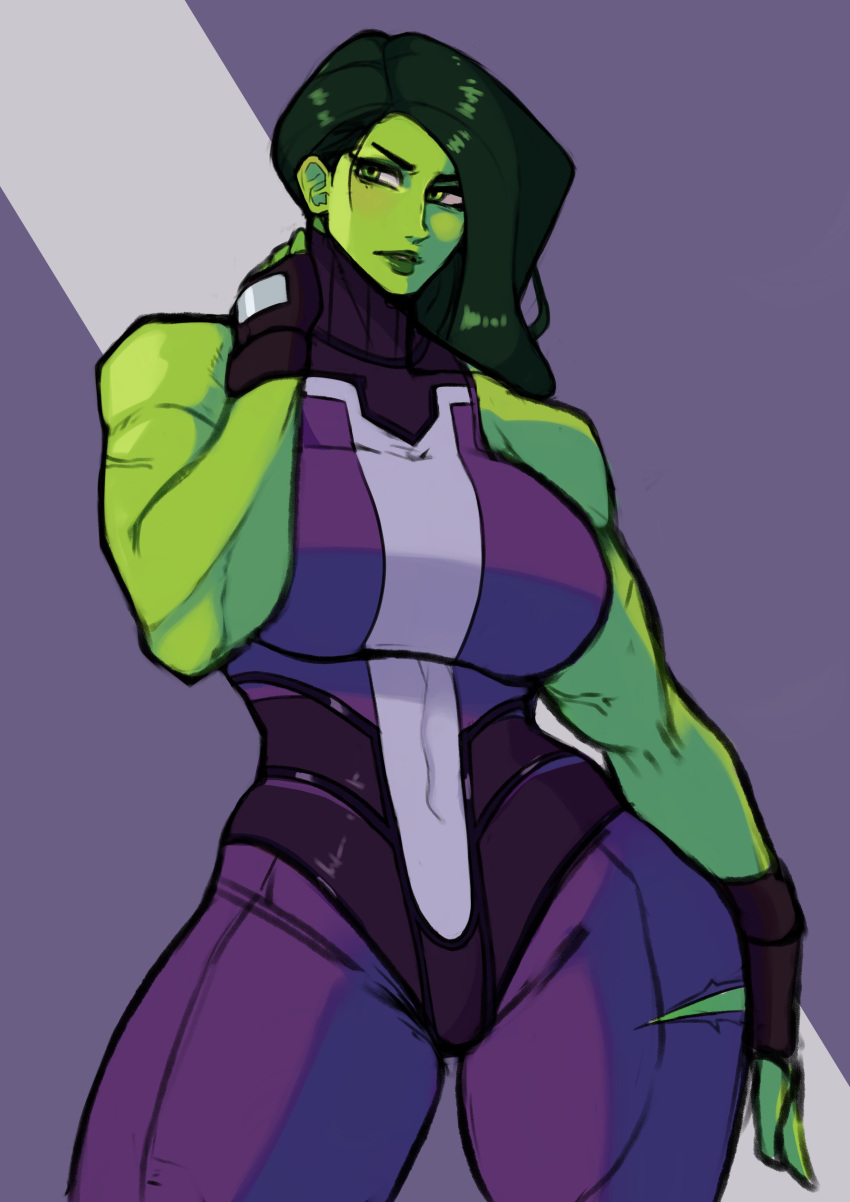 1girl absurdres breasts english_commentary green_eyes green_hair green_skin hand_on_own_neck highres large_breasts looking_to_the_side marvel muscle muscular_female purple_background she-hulk solo zpark_art