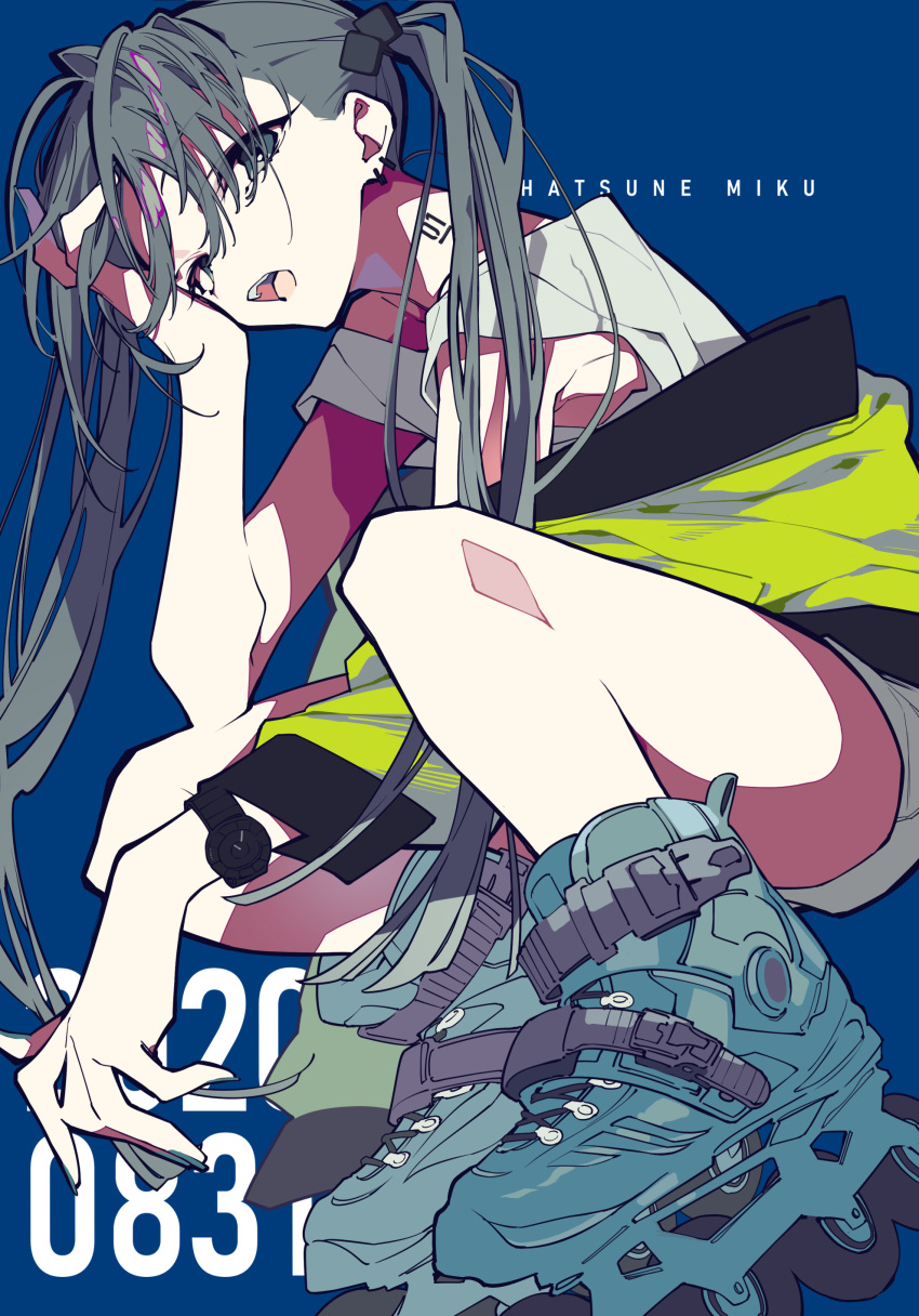 1girl absurdres bangs blue_background blue_eyes blue_hair character_name dated ear_piercing green_jacket hatsune_miku highres jacket long_hair mochizuki_kei neck_tattoo open_mouth piercing roller_skates shirt shorts simple_background skates solo squatting tattoo twintails vocaloid watch watch white_shirt