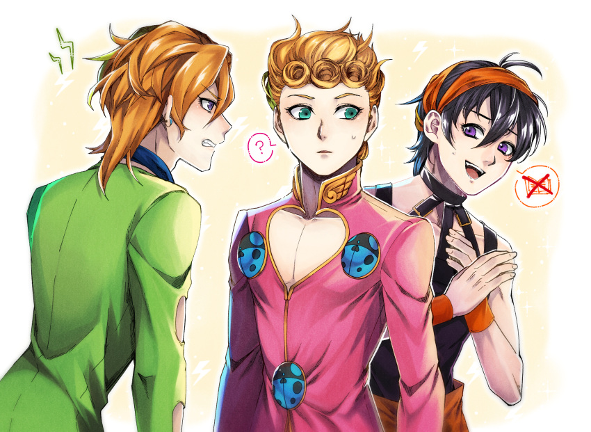 3boys ? black_hair blonde_hair bug cleavage_cutout clothing_cutout giorno_giovanna green_eyes headband highres jojo_no_kimyou_na_bouken ladybug ladybug_ornament lightning_bolt_symbol male_focus multiple_boys narancia_ghirga pannacotta_fugo renren_(suiren-ame) spoken_question_mark vento_aureo violet_eyes wing_ornament wristband