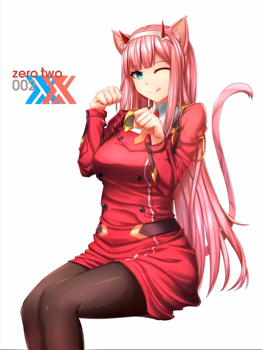 1girl :q absurdres animal_ear_fluff animal_ears black_legwear breasts cat_ears cat_tail character_name darling_in_the_franxx dress hairband highres horns invisible_chair kemonomimi_mode long_hair long_sleeves medium_breasts pantyhose paw_pose pink_hair red_dress shiny shiny_hair short_dress simple_background sitting solo tail tongue tongue_out very_long_hair white_background white_hairband yuki_jp2016 zero_two_(darling_in_the_franxx)