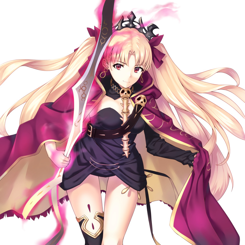 1girl black_dress black_legwear black_sleeves blonde_hair bow cape closed_mouth diadem dress earrings enchuu_kakiemon ereshkigal_(fate/grand_order) eyebrows_visible_through_hair fate/grand_order fate_(series) floating_hair hair_bow hair_intakes highres holding holding_sword holding_weapon jewelry long_hair long_sleeves looking_at_viewer red_bow red_cape red_eyes short_dress simple_background single_sleeve single_thighhigh smile solo standing strapless strapless_dress sword thigh-highs very_long_hair weapon white_background