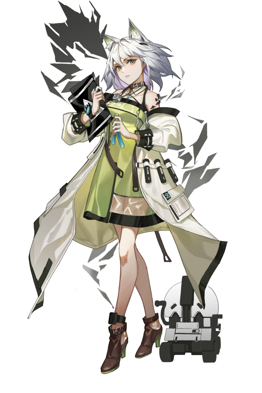 1girl absurdres animal_ears arknights closed_mouth collar dress eyebrows_visible_through_hair highres jacket kal'tsit_(arknights) lancet-2_(arknights) looking_at_viewer oripathy_lesion_(arknights) paper robot short_hair solo stethoscope test_tube walking watch white_background white_hair