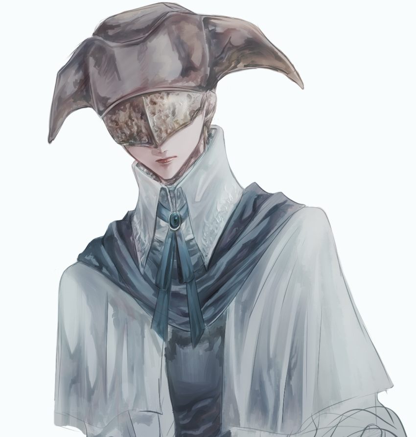 1girl bloodborne blue_ribbon blue_scarf cloak closed_mouth commentary_request covered_eyes eye_mask facing_viewer gem gloves grey_background hat itsuki_(itsukiovo) lips red_lips ribbon scarf simple_background sketch solo upper_body white_cloak yurie_the_last_scholar