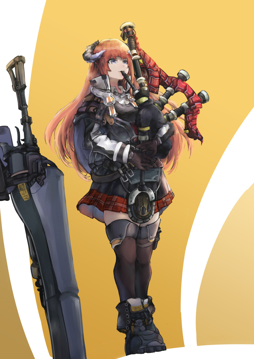 1girl absurdres arknights bagpipe_(arknights) bagpipes bangs black_footwear black_gloves black_legwear boots commentary full_body gloves grey_eyes highres holding holding_instrument horns instrument jacket lance long_hair long_sleeves miniskirt music orange_hair playing_instrument polearm red_skirt skirt solo standing thigh-highs vyragami weapon yellow_background zettai_ryouiki