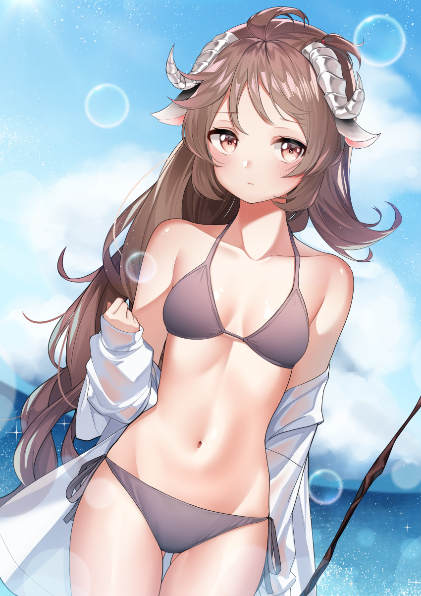 1girl absurdres ahoge animal_ears arknights bangs bikini blush breasts brown_bikini brown_hair day eyjafjalla_(arknights) groin highres holding holding_staff horns jacket long_hair looking_at_viewer navel ocean off_shoulder outdoors parted_lips red_eyes sheep_ears sheep_horns solo staff stomach swimsuit the_cold very_long_hair