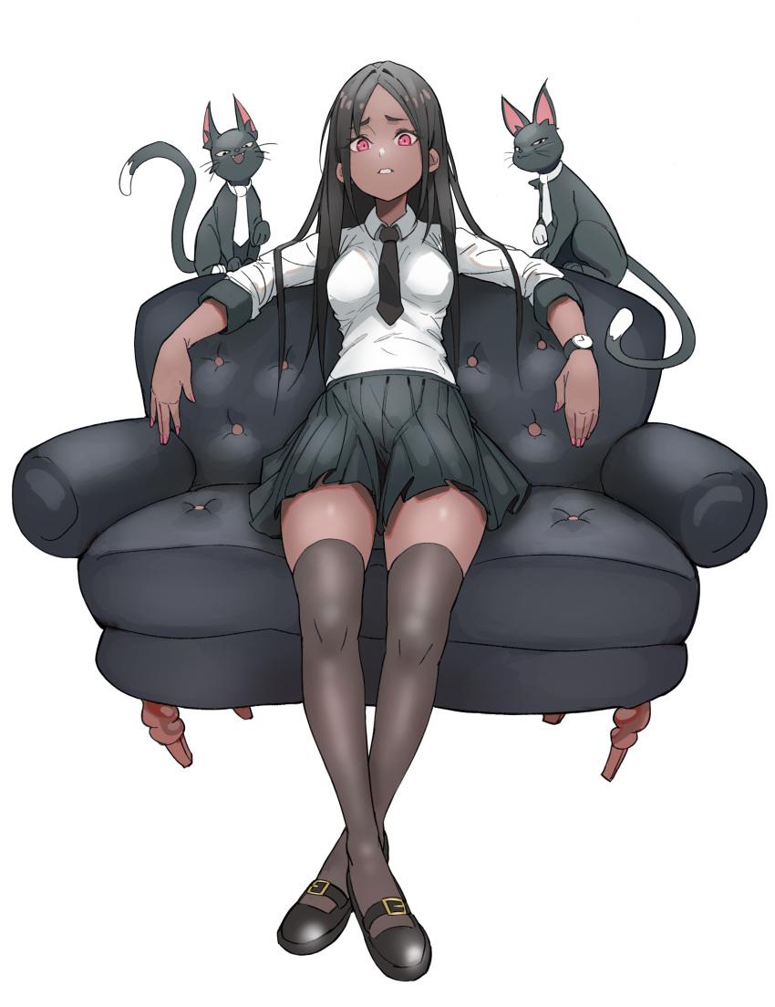 1girl absurdres bangs black_hair black_legwear breasts cat crossed_ankles dark_skin english_commentary full_body highres kiritzuguart long_hair mary_janes medium_breasts nail_polish necktie original parted_bangs parted_lips pink_eyes pleated_skirt school_uniform shoes sidelocks simple_background sitting skirt solo thigh-highs watch watch white_background