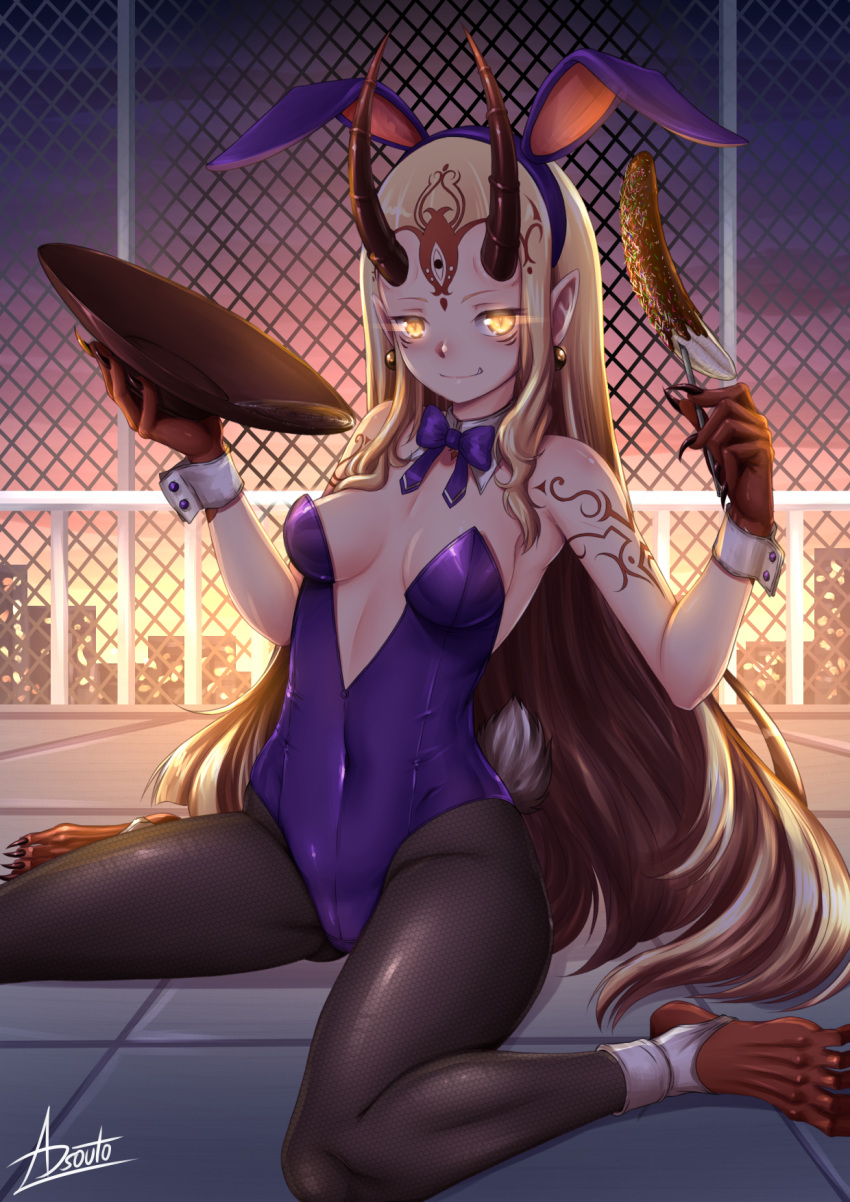 1girl adsouto alternate_costume animal_ears banana black_legwear blonde_hair breasts bunny_girl bunny_tail bunnysuit chain-link_fence chocolate_banana covered_navel cup detached_collar earrings facial_mark fake_animal_ears fake_tail fate/grand_order fate_(series) fence fingernails fishnet_legwear fishnets food forehead_mark fruit highres holding holding_cup holding_food horns ibaraki_douji_(fate/grand_order) jewelry leggings leotard long_hair on_roof oni oni_horns outdoors pointy_ears purple_leotard rabbit_ears rooftop sakazuki sharp_fingernails sitting small_breasts strapless strapless_leotard tail wariza yellow_eyes