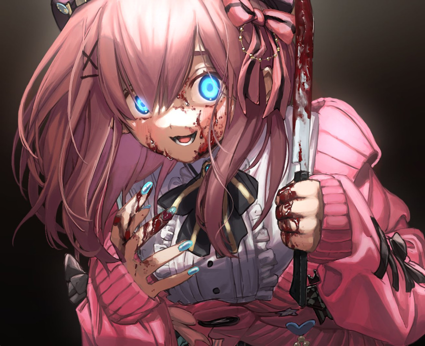 1girl :d black_background black_neckwear blood blood_on_face bloody_weapon blouse blue_eyes blue_nails blush bow breasts commentary crazy_smile glowing glowing_eyes gradient gradient_background hair_between_eyes hair_bow hair_ornament holding holding_knife horror_(theme) knife looking_at_viewer medium_breasts medium_hair nail_polish neck_ribbon nijisanji open_mouth pink_hair pink_sweater ribbon seisei_tamago simple_background sleeves_past_wrists smile solo suzuhara_lulu sweater upper_body virtual_youtuber weapon white_blouse x_hair_ornament