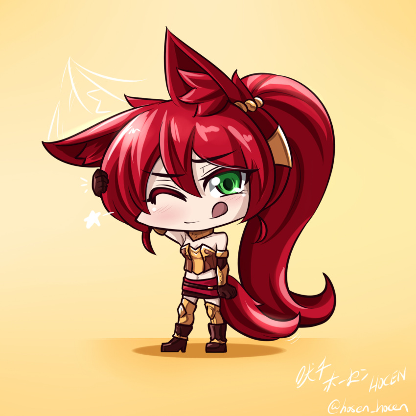 1girl animal_ears artist_name bare_shoulders chibi commentary english_commentary eyebrows_visible_through_hair full_body green_eyes hair_between_eyes highres long_hair looking_at_viewer miniskirt navel one_eye_closed ponytail pyrrha_nikos redhead rwby skirt solo standing tail tongue tongue_out twitter_username vilde_loh_hocen watermark wolf_ears wolf_girl wolf_tail