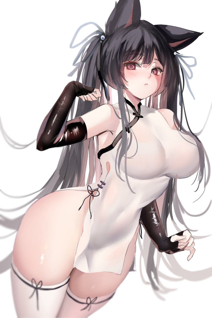 1girl absurdres animal_ears bangs bare_shoulders bikini black_hair breasts cat_ears china_dress chinese_clothes dress elbow_gloves fingerless_gloves gloves hair_ribbon highres large_breasts long_hair looking_at_viewer original panty_straps pink_eyes ribbon side-tie_bikini simple_background swimsuit thigh-highs thighs twintails very_long_hair white_dress white_legwear zerocat