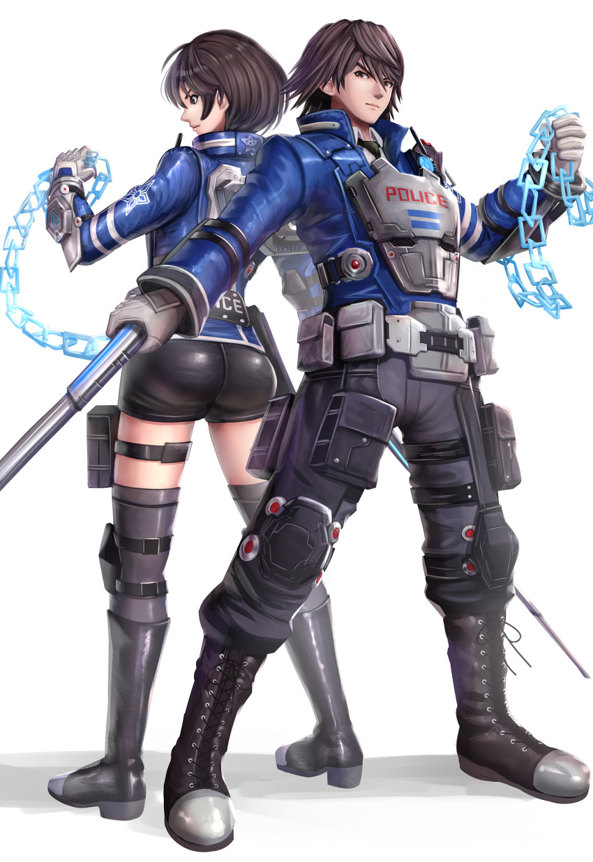 1boy 1girl akira_howard ass astral_chain back-to-back boots brother_and_sister brown_eyes brown_hair chain full_body gonzarez highres holding holding_chain holding_weapon long_sleeves police police_uniform short_hair short_shorts shorts siblings standing twins uniform weapon