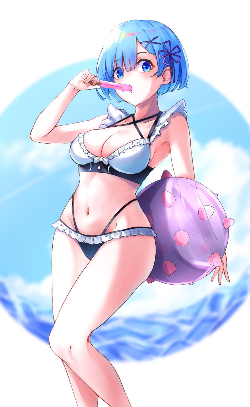 1girl absurdres adapted_costume ball beachball bikini blue_eyes blue_hair feet_out_of_frame food frilled_bikini frills hair_ornament highres looking_at_viewer maid_bikini mr.doukotsu pink_ribbon popsicle re:zero_kara_hajimeru_isekai_seikatsu red_ribbon rem_(re:zero) ribbon short_hair solo standing swimsuit x_hair_ornament