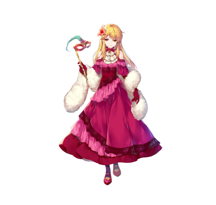 1girl absurdres bangs bare_shoulders black_legwear blonde_hair brown_hair closed_mouth commentary_request dress feather_boa fire_emblem fire_emblem:_genealogy_of_the_holy_war fire_emblem_heroes flower frilled_dress frills full_body gloves hair_flower hair_ornament highres holding lachesis_(fire_emblem) long_dress long_hair looking_at_viewer mask miwabe_sakura official_art red_dress red_footwear shiny shiny_hair solo standing white_background