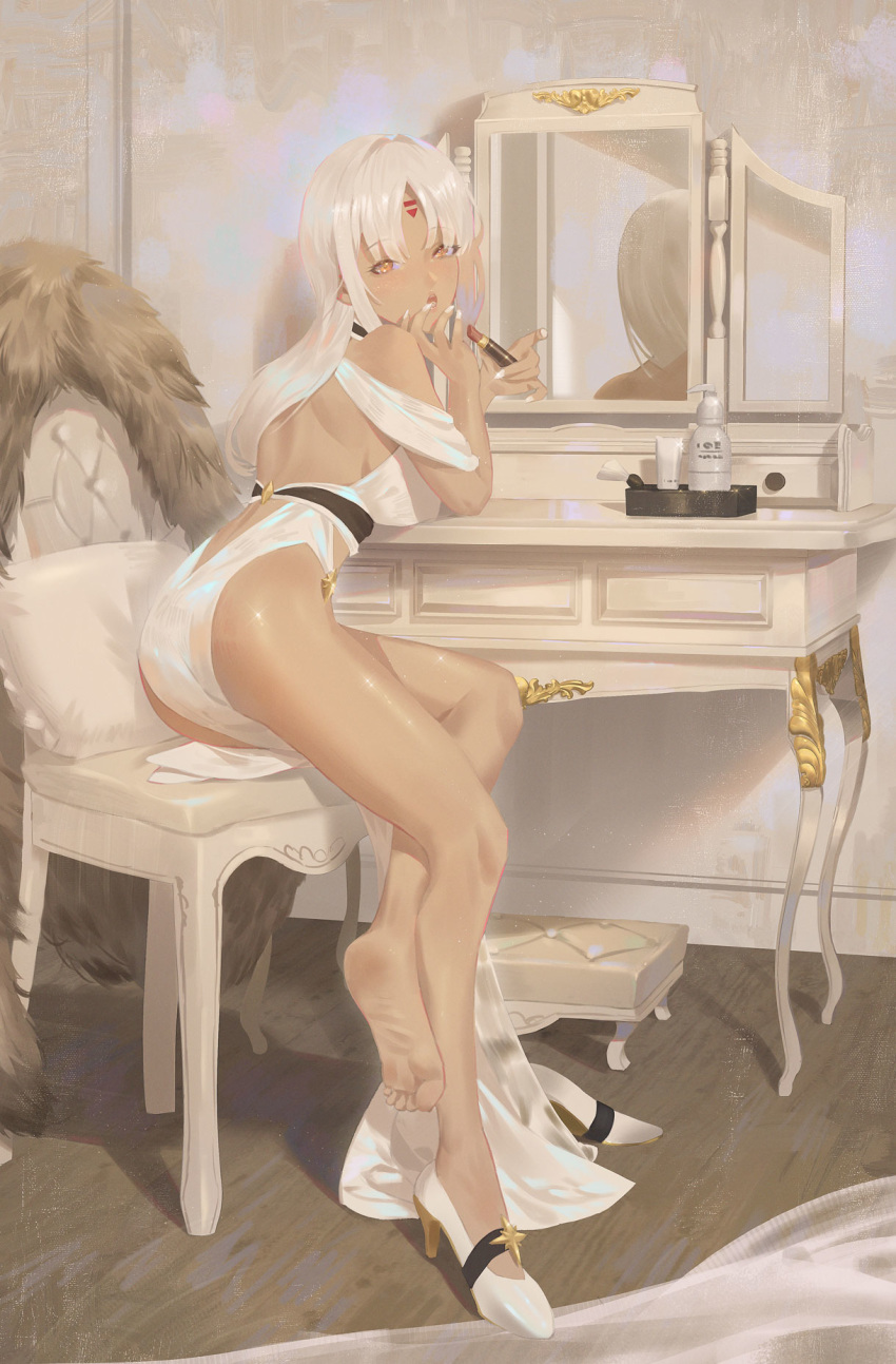 1girl :o arm_support ass azur_lane bangs bare_legs barefoot blush breasts cirilla dark_skin dress evening_gown facial_mark fingernails forehead_mark from_behind full_body high_heels highres holding holding_lipstick_tube indoors large_breasts leaning_forward lipstick lipstick_tube long_fingernails long_hair looking_at_viewer looking_back makeup massachusetts_(azur_lane) mirror nail_polish open_mouth orange_eyes parted_bangs red_lipstick reflection shoes silver_hair single_shoe sitting soap_bottle solo sparkle white_dress white_footwear white_nails wooden_floor
