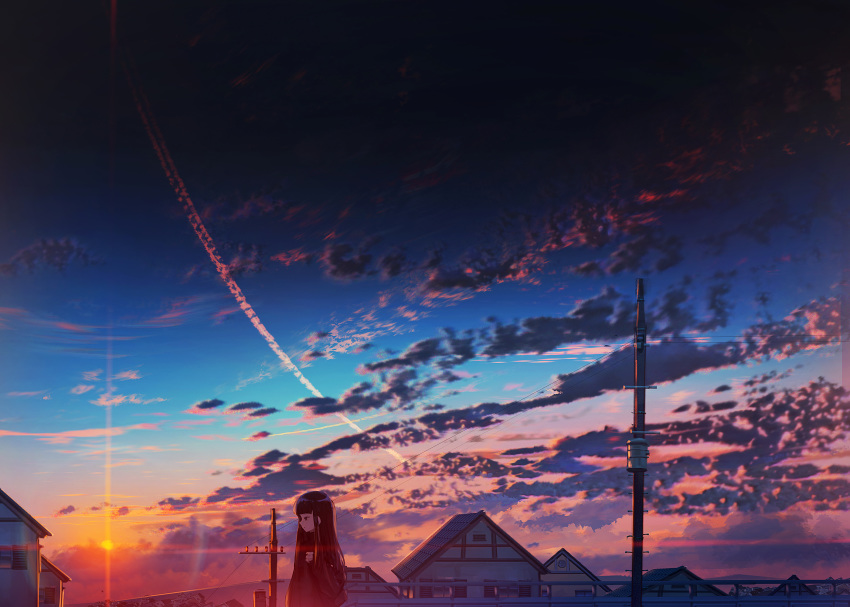 1girl bag bangs black_hair black_jacket blunt_bangs brown_eyes building city cityscape closed_mouth clouds condensation_trail evening highres hime_cut house jacket kenzo_093 lens_flare long_hair mountain original power_lines railing scenery school_bag school_uniform sidelocks sky solo sun sunset window