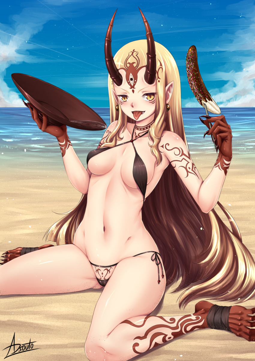 1girl adsouto alternate_costume banana beach bikini black_bikini blonde_hair blue_sky breasts chocolate_banana cup day earrings facial_mark fate/grand_order fate_(series) fingernails food forehead_mark fruit highres holding holding_cup holding_food horns ibaraki_douji_(fate/grand_order) jewelry long_hair navel oni oni_horns outdoors pointy_ears sakazuki sharp_fingernails sitting sky small_breasts swimsuit wariza yellow_eyes