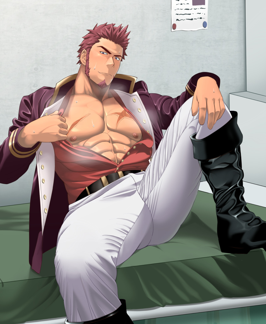 1boy abs absurdres bara beard blue_eyes boots brown_hair chest epaulettes facial_hair fate/grand_order fate_(series) highres long_sleeves looking_at_viewer male_focus military military_uniform muscle napoleon_bonaparte_(fate/grand_order) nipples open_clothes pectorals short_hair sideburns solo sweat sweatdrop takejirog thighs uniform