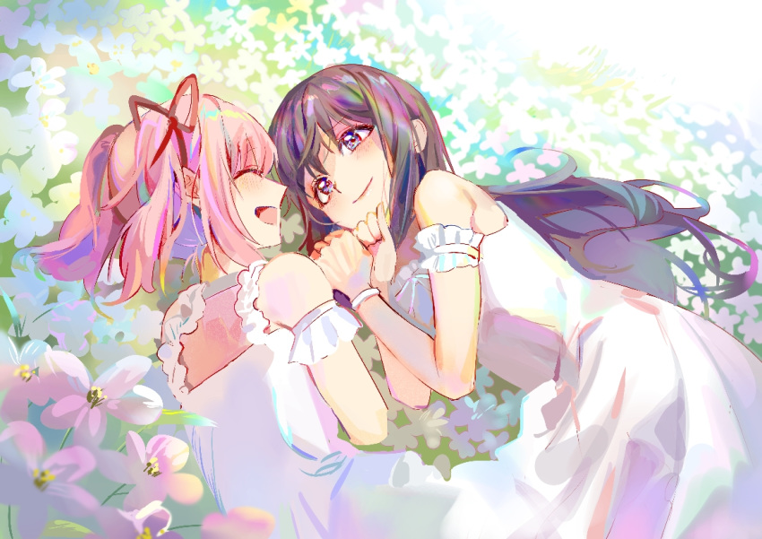 2girls :d ^_^ akemi_homura armband armpit_crease bare_arms bare_shoulders black_hair blush clenched_hands closed_eyes closed_mouth dress eyebrows_visible_through_hair facing_away facing_viewer field flat_chest flower flower_field frilled_armband frills furrowed_eyebrows grass hair_ribbon hand_rest happy kaname_madoka laughing lips long_hair looking_at_another luminous_(madoka_magica) mahou_shoujo_madoka_magica mahou_shoujo_madoka_magica_movie multicolored_hair multiple_girls nature open_mouth outdoors pink_hair profile red_ribbon ribbon seveneightdu short_twintails sleeveless sleeveless_dress smile tareme twintails violet_eyes white_dress white_flower