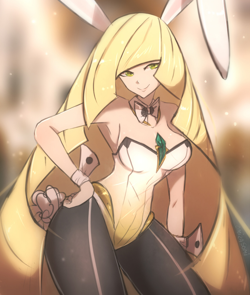1girl absurdres animal_ears bangs black_legwear blonde_hair blurry blurry_background breasts bunny_tail bunnysuit closed_mouth commentary detached_collar green_eyes hand_on_hip highres leotard long_hair lusamine_(pokemon) omiza_somi pantyhose pokemon pokemon_(game) pokemon_sm rabbit_ears shiny shiny_hair smile solo tail very_long_hair wrist_cuffs