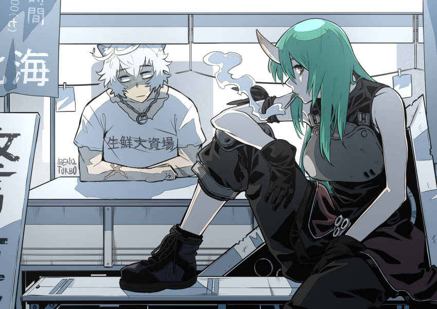 1boy 1girl animal_ears arknights bear_ears boots chinese_text cigarette gloves green_hair highres horns hoshiguma_(arknights) ibenq_turbo jaye_(arknights) looking_at_viewer market oni_horns scar single_horn smoking stall translation_request white_hair