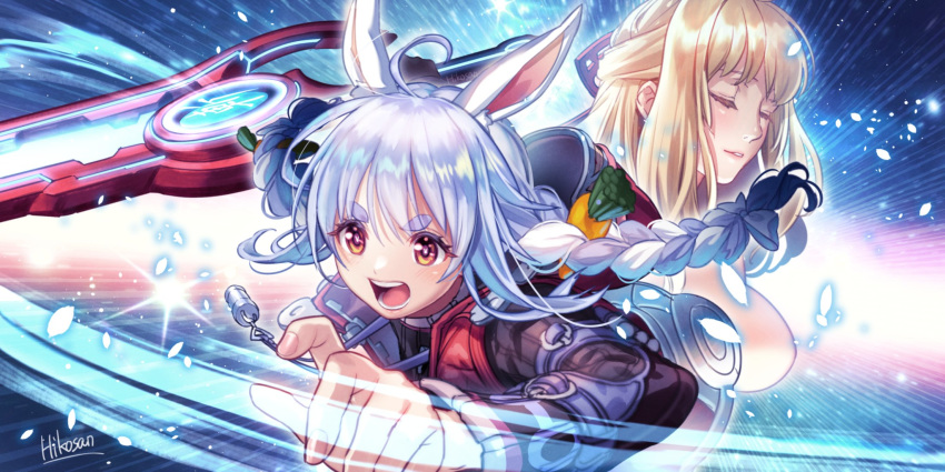 2girls animal_ears blue_hair braid breasts carrot_hair_ornament closed_eyes cosplay fiora_(xenoblade) food_themed_hair_ornament hair_ornament highres hikosan20216917 holding holding_sword holding_weapon hololive lanyard long_hair monado multiple_girls open_mouth rabbit_ears red_vest shulk_(xenoblade) shulk_(xenoblade)_(cosplay) signature sword usada_pekora vest weapon xenoblade_chronicles xenoblade_chronicles_(series)