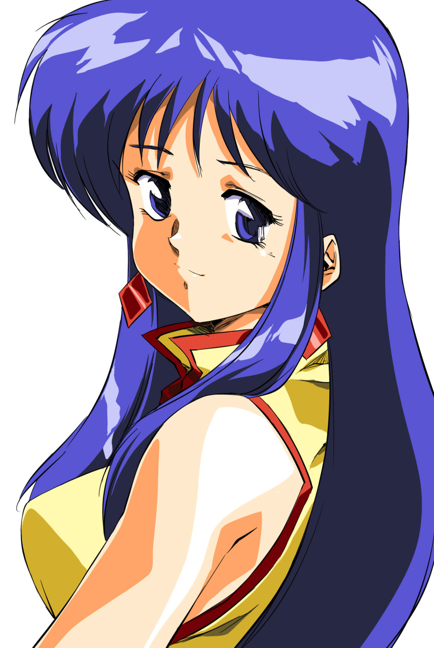 1980s_(style) 1girl blue_eyes blue_hair breasts close-up dirty_pair highres hinomars19 jewelry looking_back medium_breasts oldschool single_earring solo white_background yuri_(dirty_pair)