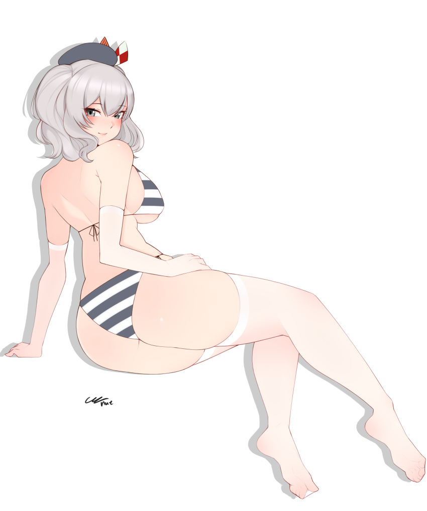 1girl absurdres alternate_costume aopzx1216 ass bikini breasts elbow_gloves gloves grey_eyes highres kantai_collection kashima_(kantai_collection) large_breasts looking_back sidelocks silver_hair simple_background smile solo string_bikini striped striped_bikini swimsuit thigh-highs twintails wavy_hair white_background white_gloves white_legwear
