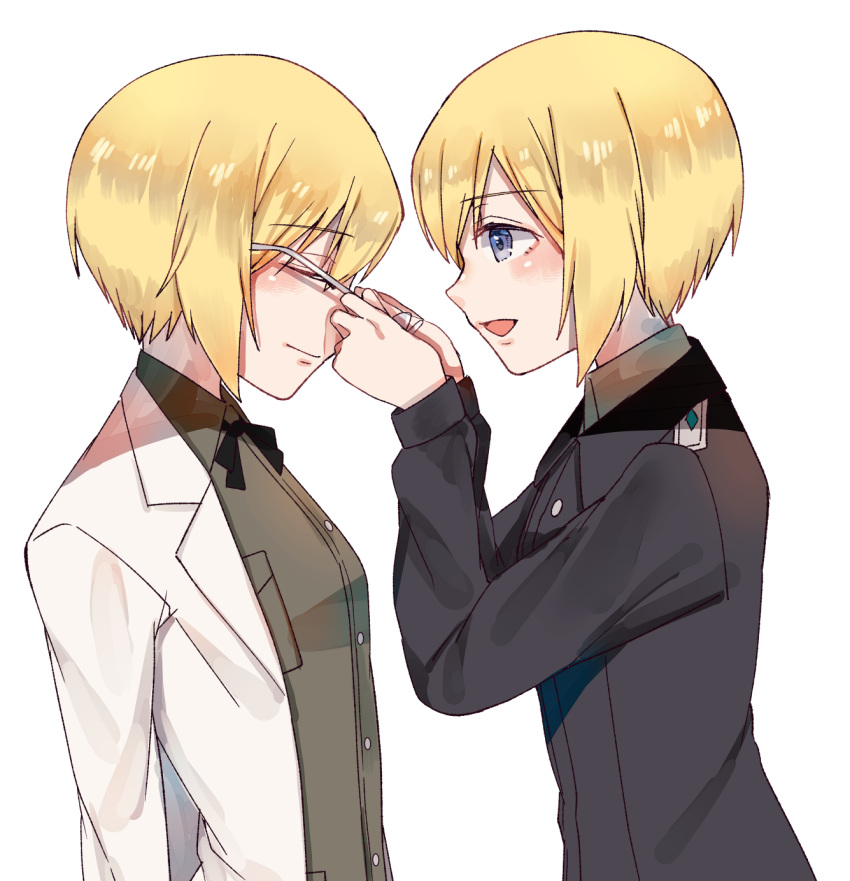 2girls blonde_hair blue_eyes closed_eyes erica_hartmann highres labcoat military military_uniform multiple_girls removing_eyewear sayama_(chiwan0830) short_hair siblings sisters strike_witches twins uniform upper_body ursula_hartmann white_background world_witches_series