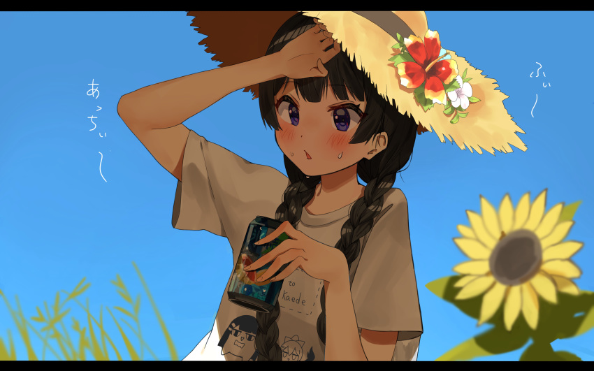 1girl absurdres bangs black_hair blue_sky blunt_bangs blurry blurry_background braid can commentary_request eyebrows_visible_through_hair flower hand_on_own_head hat highres holding holding_can medium_hair nijisanji outdoors plant sen_(sennosenn1127) shirt sky solo straw_hat strong_zero summer sunflower t-shirt tsukino_mito twin_braids violet_eyes virtual_youtuber white_shirt
