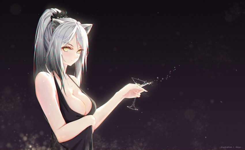 1girl absurdres animal_ears arknights bangs black_dress breasts cat_ears cup dress hair_ornament hair_scrunchie highres holding holding_cup long_hair looking_at_viewer medium_breasts niuy ponytail schwarz_(arknights) scrunchie silver_hair sleeveless sleeveless_dress solo yellow_eyes