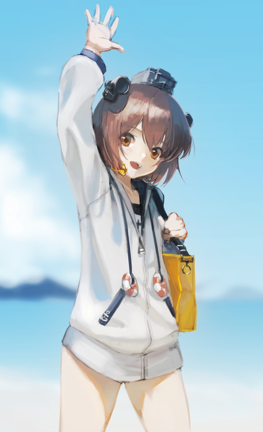 1girl absurdres bag blurry blurry_background brown_eyes brown_hair eyebrows_visible_through_hair hand_up hara_shoutarou highres holding holding_bag kantai_collection looking_at_viewer school_swimsuit short_hair smile solo standing swimsuit yukikaze_(kantai_collection)