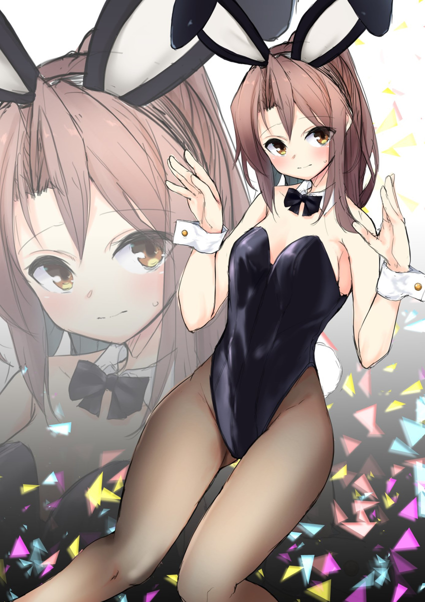 1girl animal_ears bangs bow bowtie breasts brown_eyes brown_hair brown_legwear bunny_tail bunnysuit closed_mouth confetti detached_collar dutch_angle eyebrows_visible_through_hair fake_animal_ears fake_tail head_tilt highleg highleg_leotard highres kantai_collection legs leotard looking_at_viewer medium_hair pantyhose paw_pose ponytail rabbit_ears sketch small_breasts solo standing strapless strapless_leotard sweatdrop tail wing_collar wrist_cuffs zarashi zoom_layer zuihou_(kantai_collection)