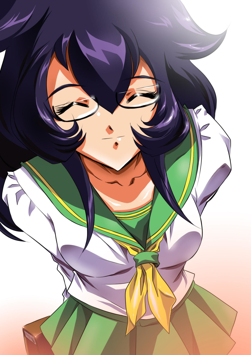 1girl black_hair borrowed_character closed_eyes commentary commission english_commentary facing_viewer from_above glasses highres hinomars19 long_hair original school_uniform serafuku smile solo white_background