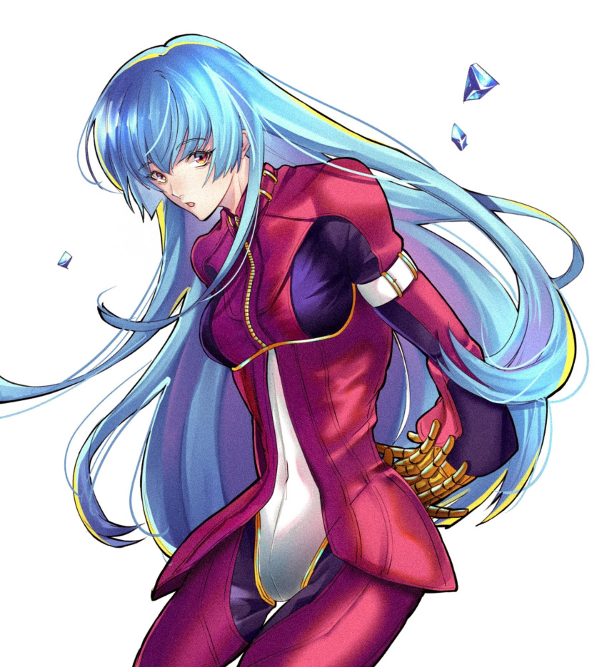 1girl bangs belt blue_hair bodysuit breasts eyebrows_visible_through_hair gloves highres ice kula_diamond long_hair looking_at_viewer simple_background small_breasts the_king_of_fighters violet_eyes white_background