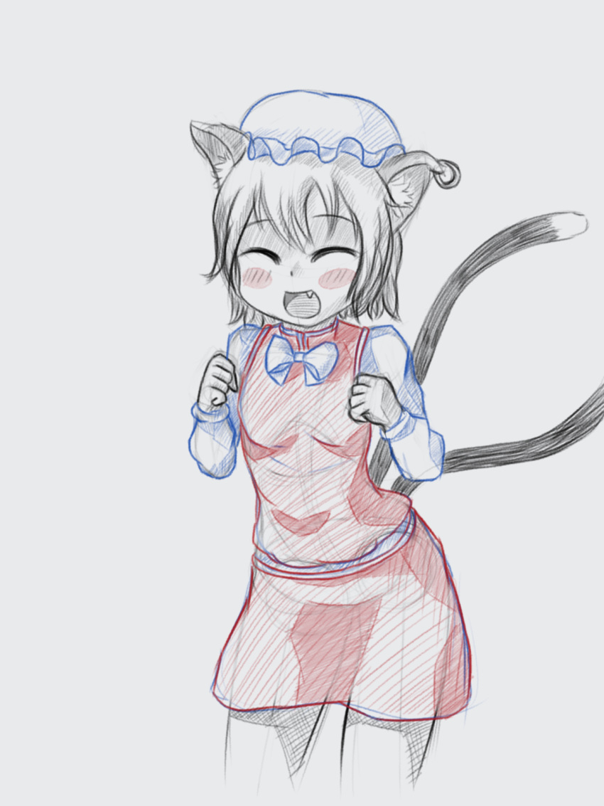 1girl blush chen closed_eyes drawfag fang highres open_mouth short_hair sketch smile solo tail touhou