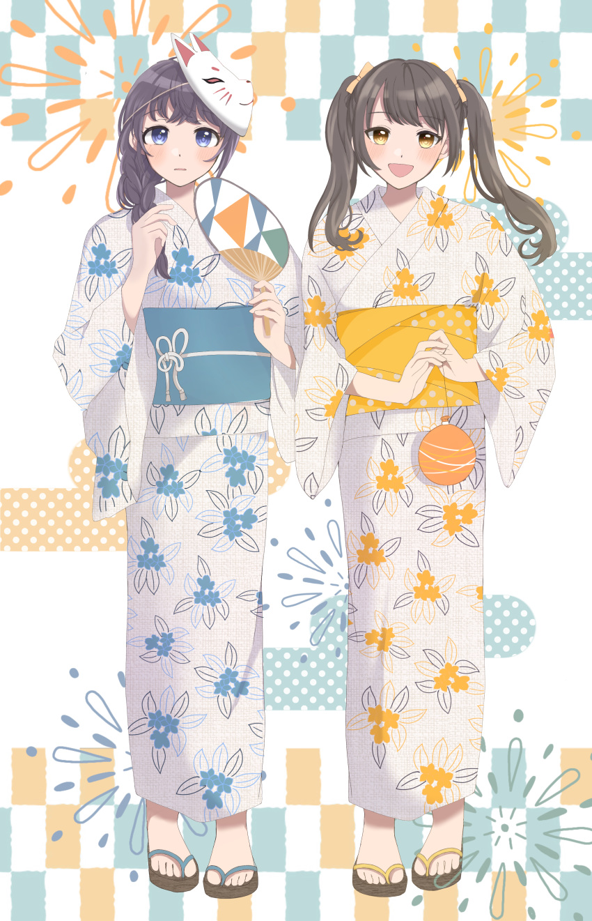 2girls :d absurdres blue_eyes blush braid brown_eyes brown_hair fan floral_print highres japanese_clothes kimono looking_at_viewer mask mask_on_head momonokan09 multiple_girls open_mouth original paper_fan sandals simple_background smile twintails uchiwa water_yoyo yukata