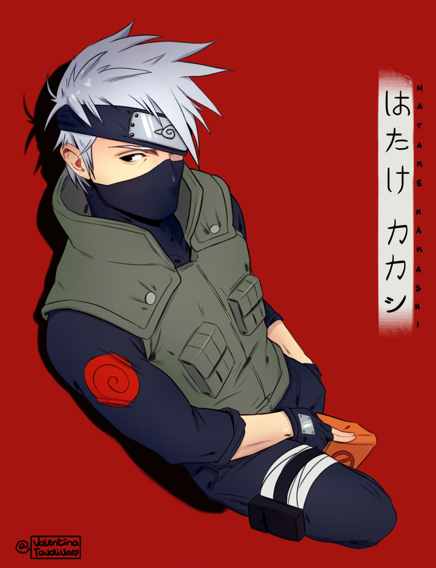 1boy absurdres artist_name black_eyes book character_name fingerless_gloves forehead_protector gloves hatake_kakashi highres holding holding_book hymenopuscoronatus long_sleeves looking_at_viewer mask naruto naruto_(series) pants pouch red_background shadow simple_background sleeves_rolled_up solo spiky_hair thigh_pouch twitter_username vest watermark white_hair