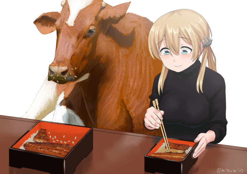 1girl alternate_costume anchor_hair_ornament aqua_eyes bangs black_shirt blonde_hair breasts brown_hair chopsticks commentary_request cow eyebrows_visible_through_hair food hair_between_eyes hair_ornament holding holding_chopsticks kantai_collection long_hair misumi_(niku-kyu) prinz_eugen_(kantai_collection) shirt simple_background table twintails twitter_username unajuu_(food) white_background